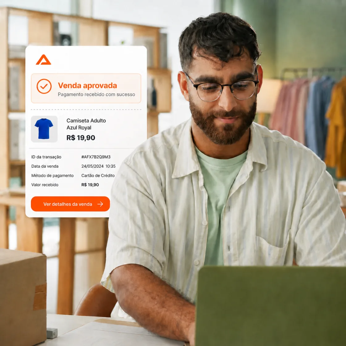 Lojista recebendo uma venda aprovada de R$ 19,90 no painel da AFEX PAYMENTS