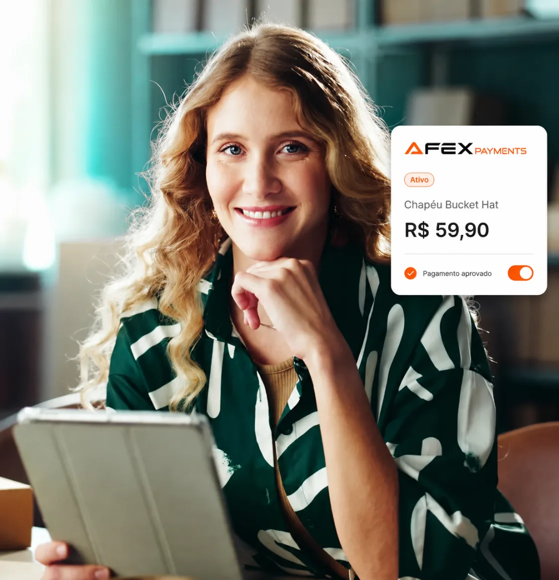 Lojista com o painel da AFEX PAYMENTS mostrando um pagamento aprovado de R$ 59,90