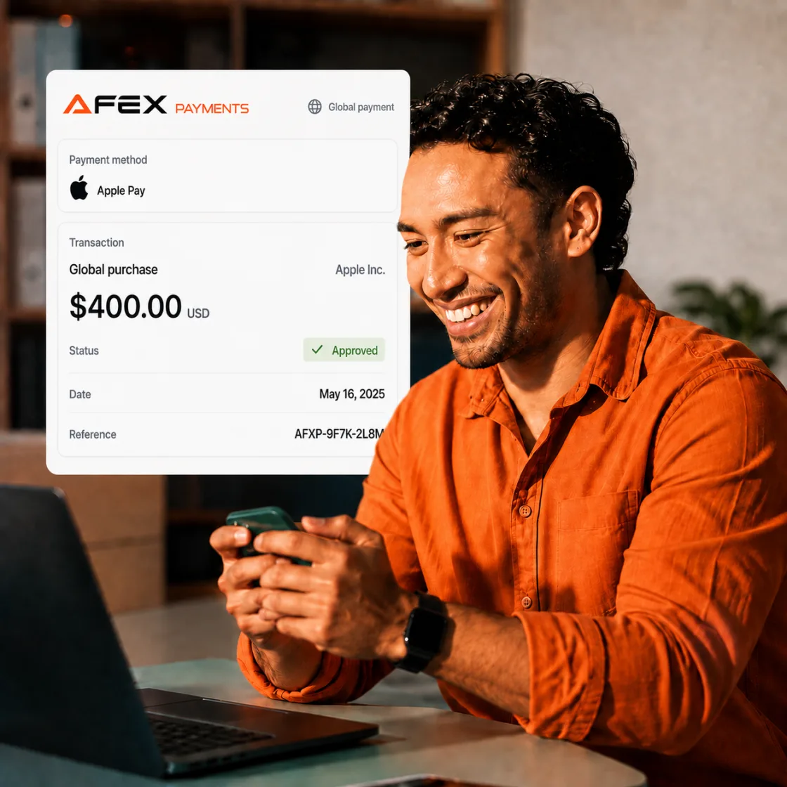 Seller acompanhando um pagamento internacional aprovado de US$ 400 no checkout da AFEX PAYMENTS